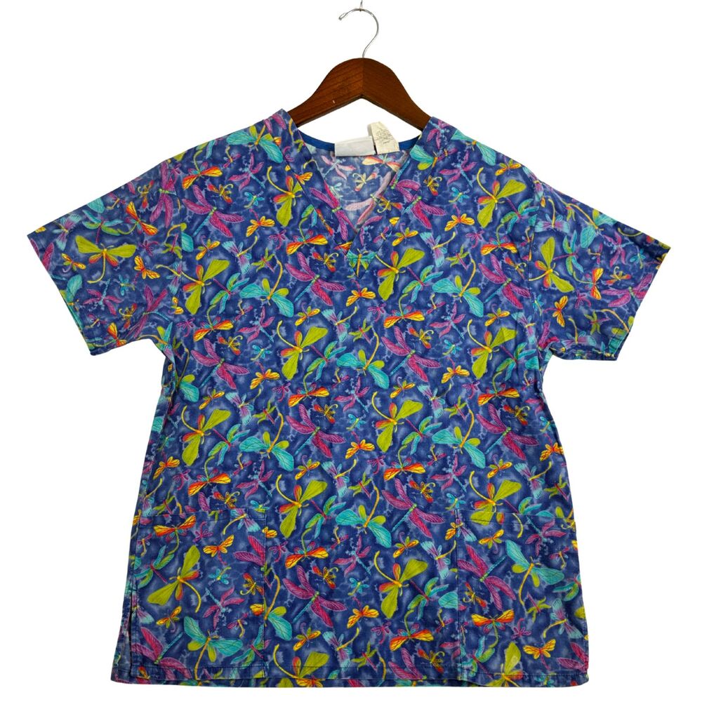 Life Womens Scrub Top S Dragonfly Butterfly Print Blue Multicolor Medical Nurse